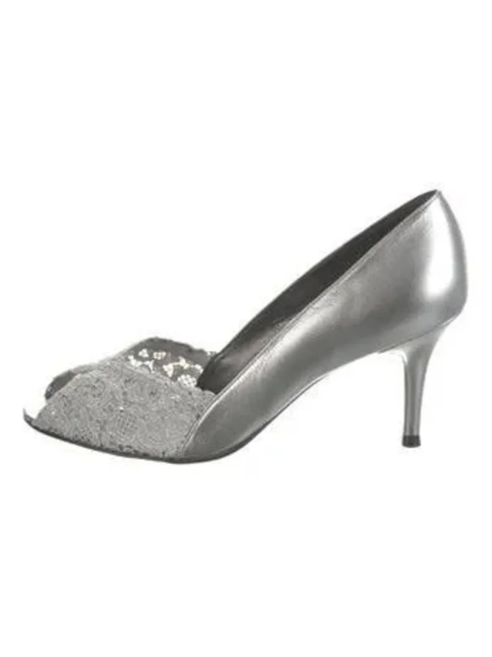 Stuart Weitzman Silver Lace Peep-Toe Heel